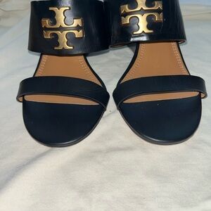 Tory Burch Black Leather Slide Sandals with Gold Logo Accent
